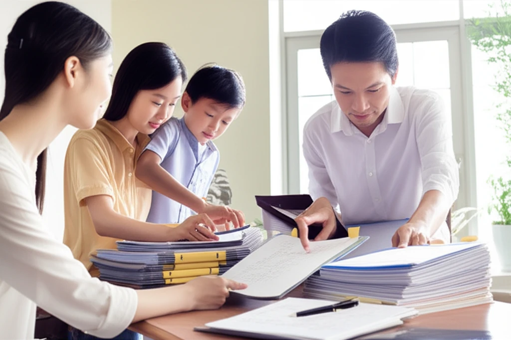 가족이 함께 서류 검토하는 이미지